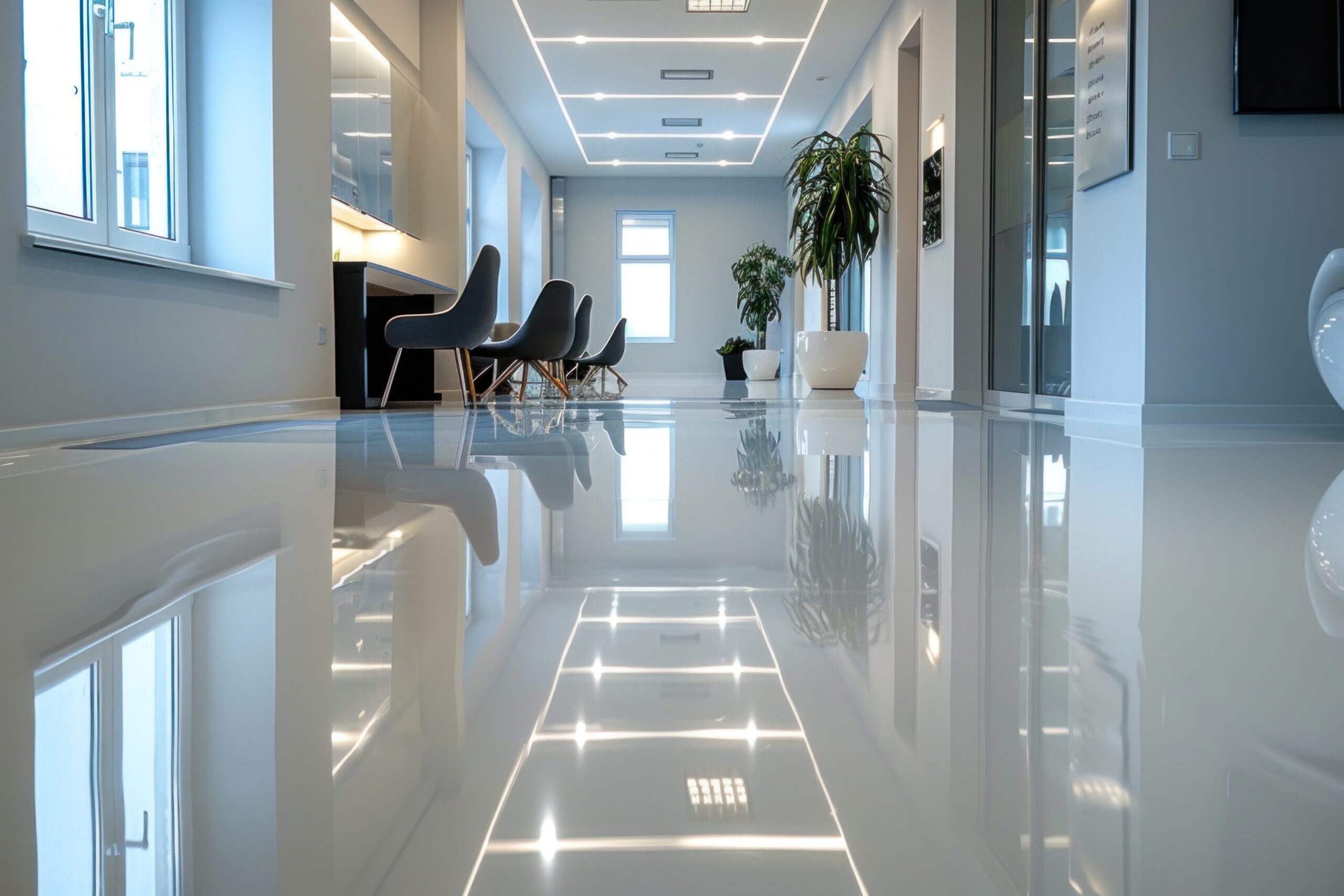 A contemporary office space with a shiny new epoxy floor reflects the bright lights, complemented by glass windows and comfortable seating areas.